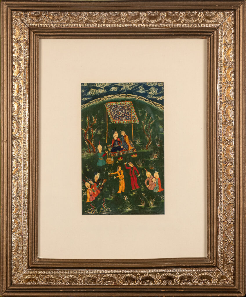 Dancing Persian style miniature watercolor painting garden scene ornate gold frame original artwork by Hadi Baradaran ArtQuestor