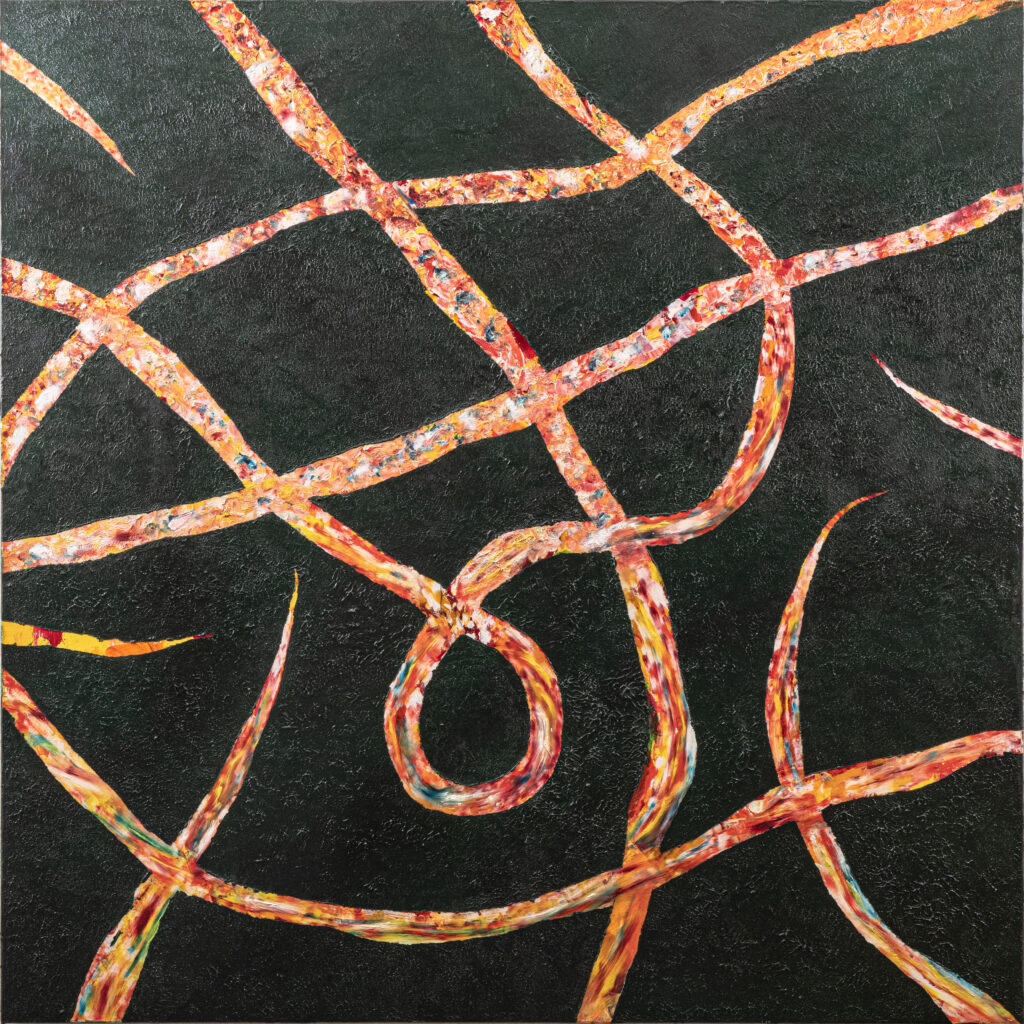 Efforts original abstract oil painting copper orange sinuous lines on dark background large format by Hadi Baradaran ArtQuestor