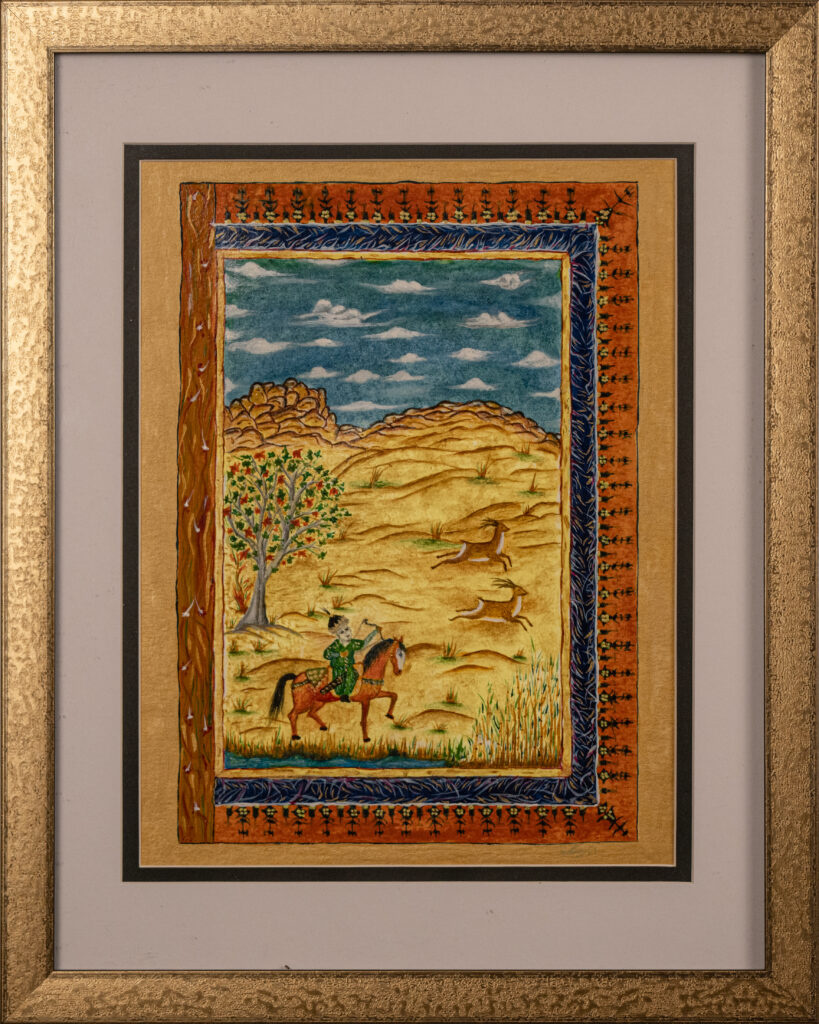 Hunting Persian style miniature watercolor painting desert scene ornate gold frame original artwork by Hadi Baradaran ArtQuestor