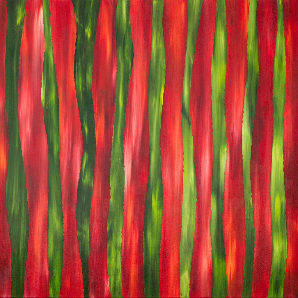 In the Reeds original abstract oil painting vertical red crimson green strokes large format by Hadi Baradaran ArtQuestor