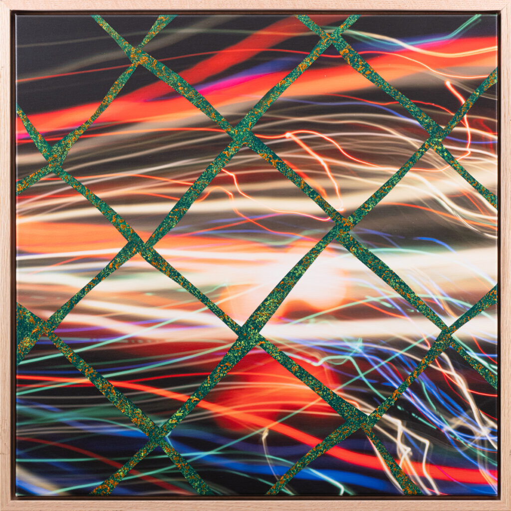 Moving Lights mixed media open shutter photo printed on canvas with oil paint orange teal green by Hadi Baradaran ArtQuestor