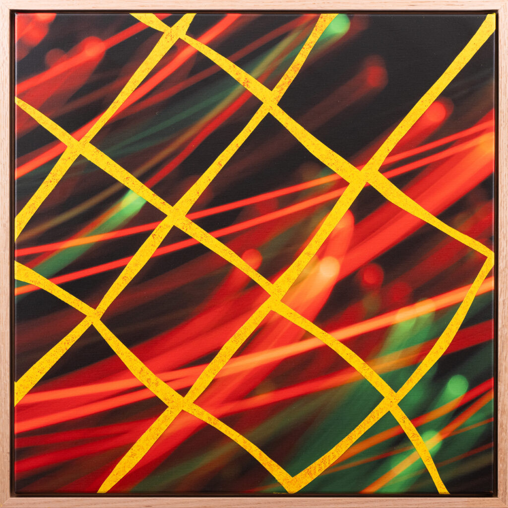 Moving Lights mixed media open shutter photo on canvas with oil paint yellow gold red green by Hadi Baradaran ArtQuestor