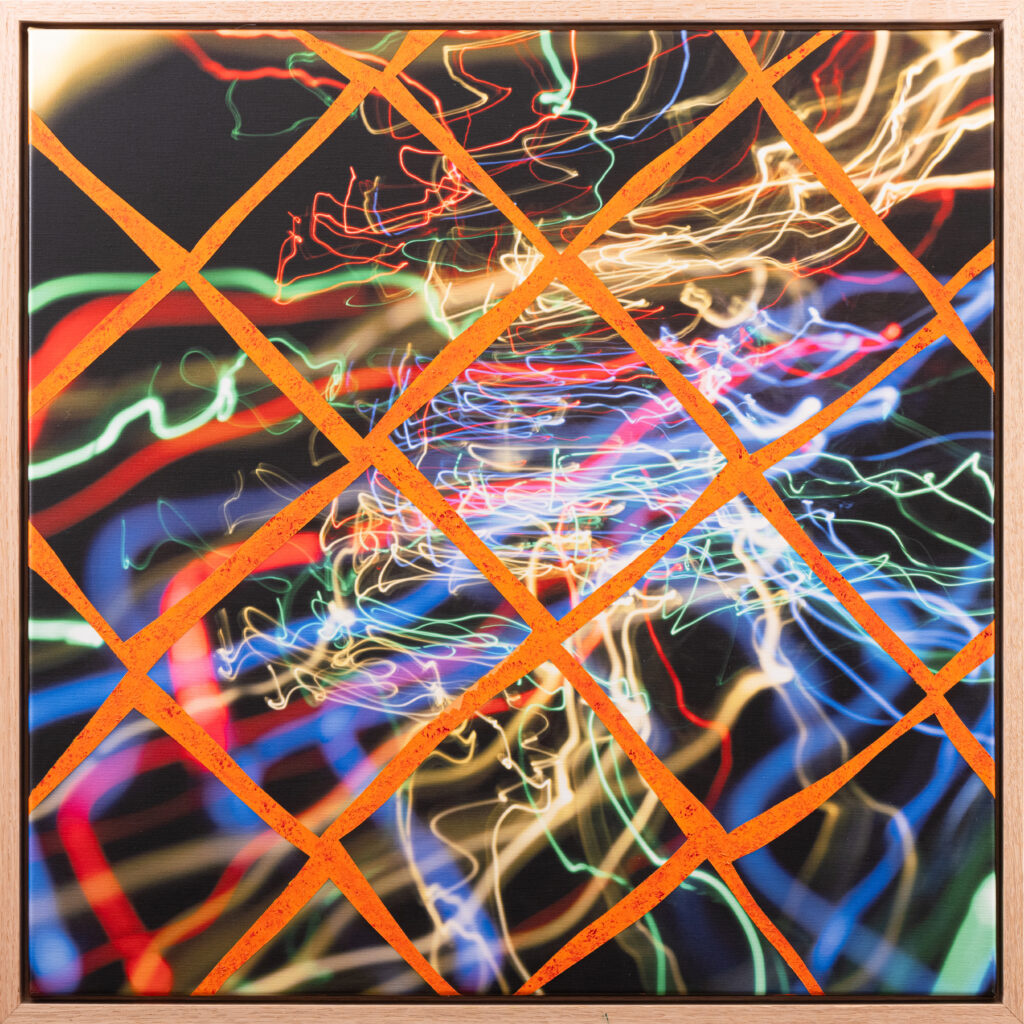 Moving Lights warm tones mixed media open shutter photography canvas oil paint orange gold violet by Hadi Baradaran ArtQuestor