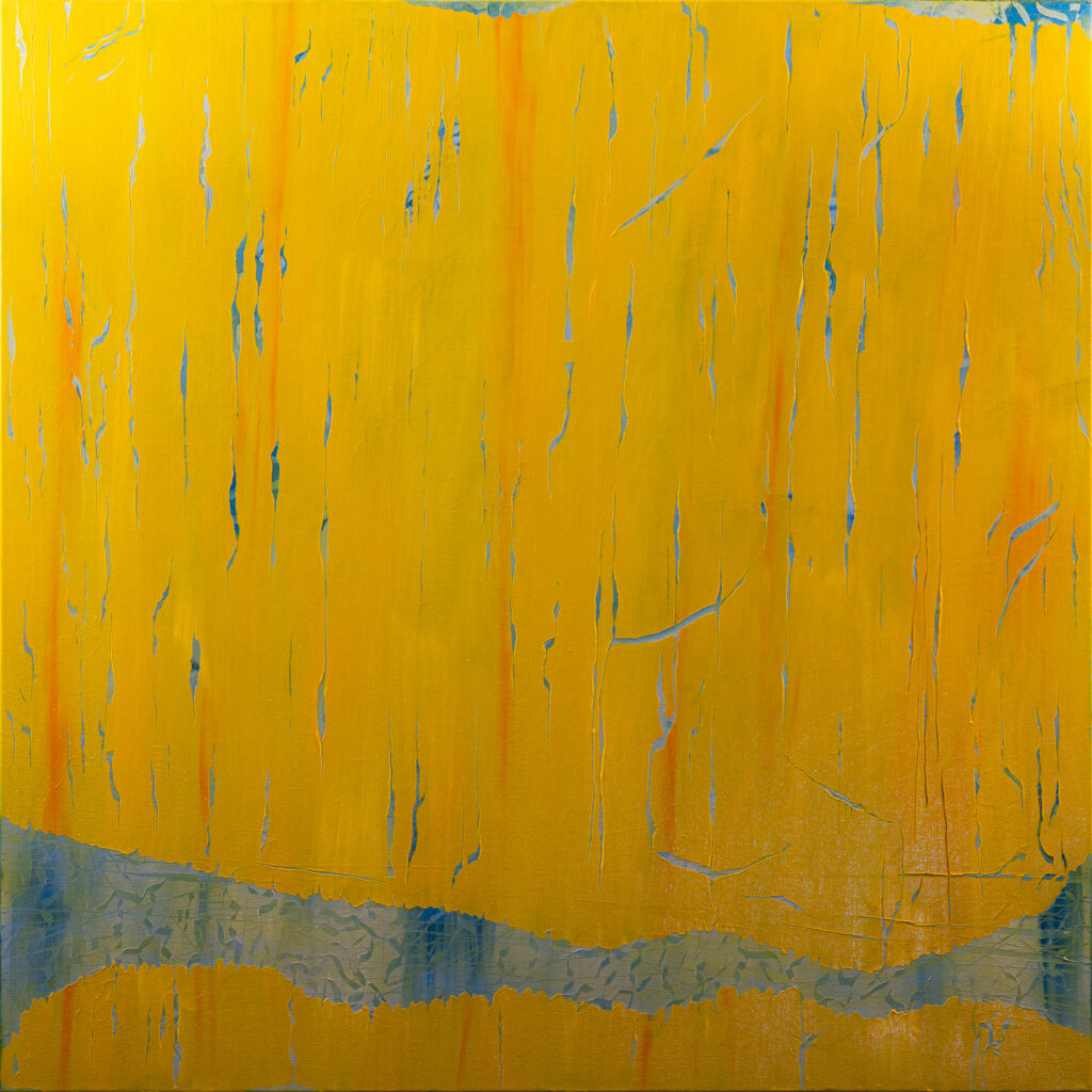 Rain in Desert original abstract oil painting golden yellow field blue grey rain streaks large format by Hadi Baradaran ArtQuestor