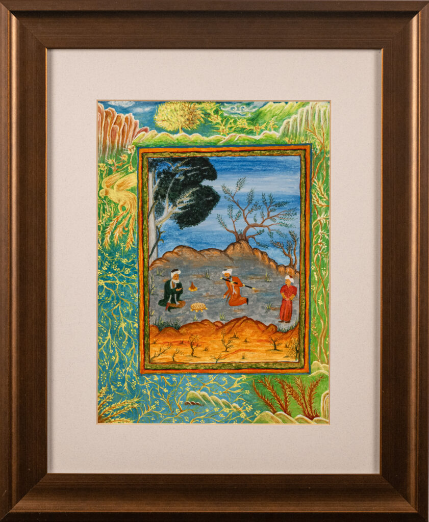 Recreation Persian style miniature watercolor painting colorful landscape figures ornate frame original artwork by Hadi Baradaran ArtQuestor