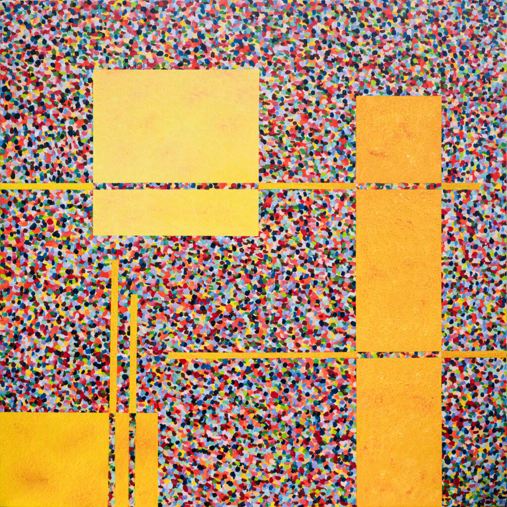 What Do You See original abstract oil painting geometric yellow orange blocks multicolored textured field by Hadi Baradaran ArtQuestor