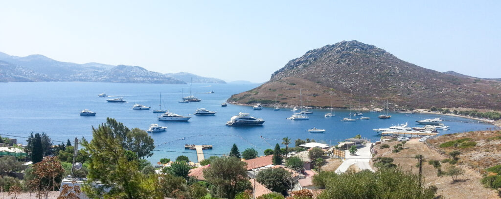 Panoramic hillside view of Bodrum Bay sailboats Aegean Sea Turkey fine art travel photography by Hadi Baradaran ArtQuestor
