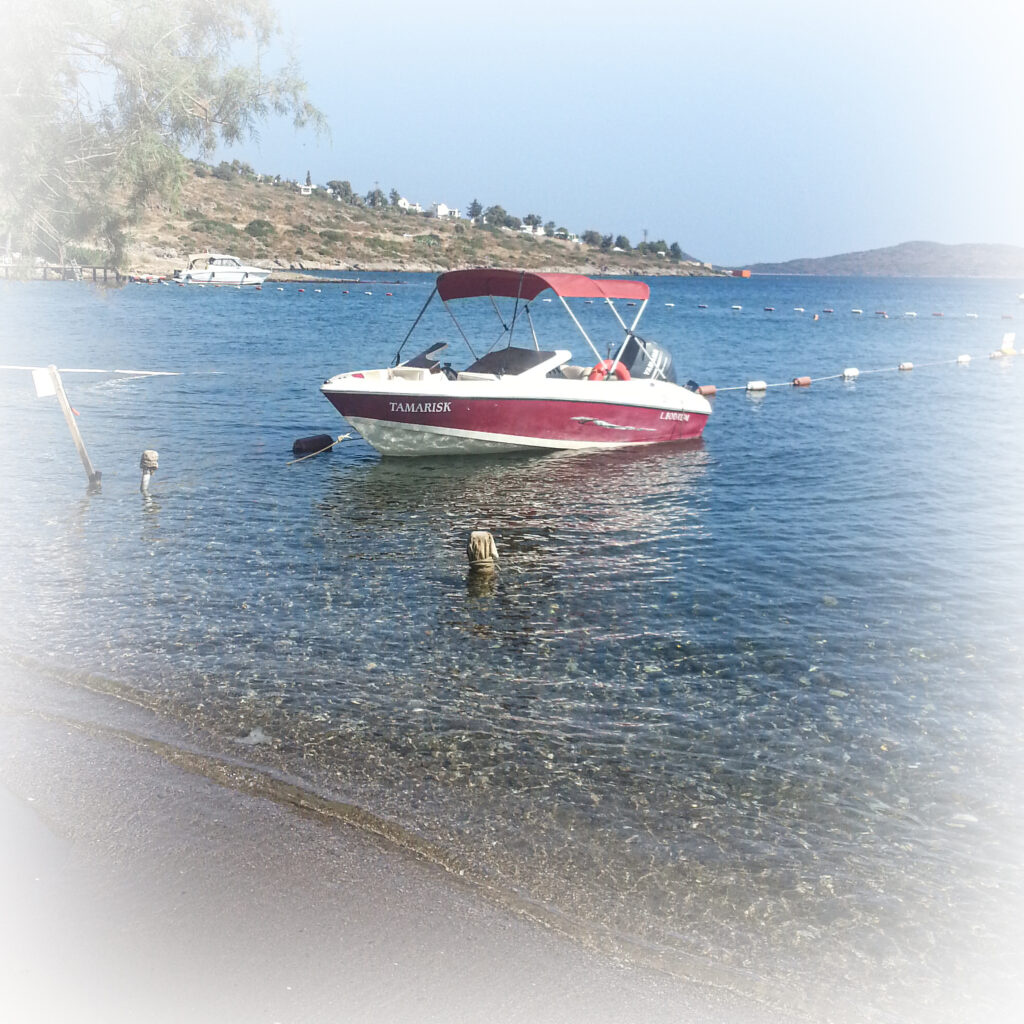 Boat on turquoise waters with green hillside coastline Bodrum Turkey fine art travel photography by Hadi Baradaran ArtQuestor
