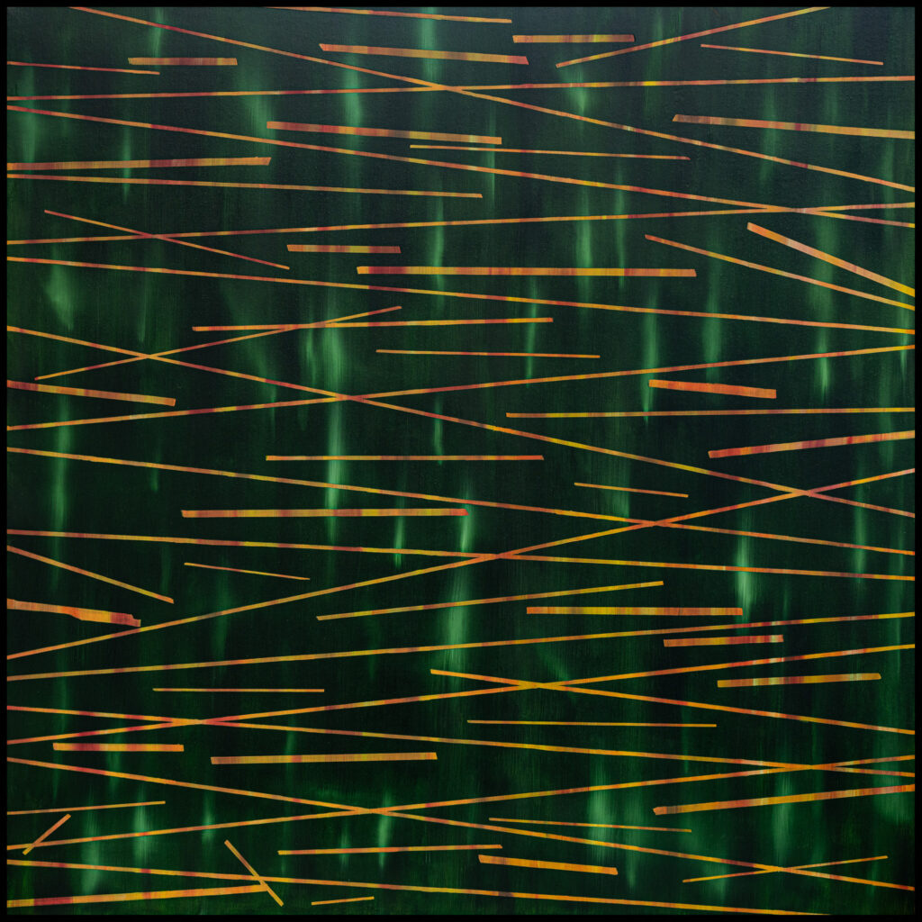 Flying Lines original abstract oil painting yellow orange red lines on dark green background by Hadi Baradaran ArtQuestor