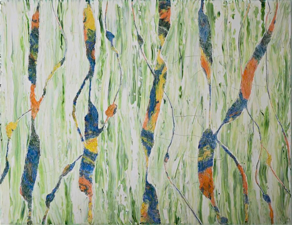 colors original abstract painting green brushstrokes orange blue accents 16x20 inches by Hadi Baradaran ArtQuestor