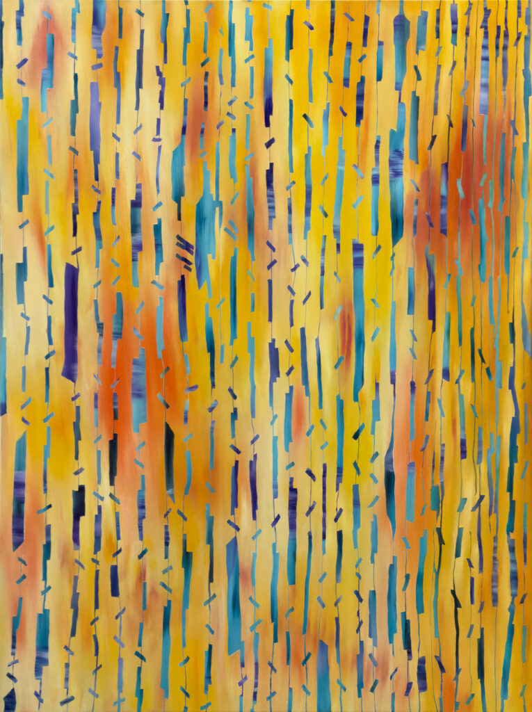 Song of the Sky large abstract oil painting 36x48 inches yellow orange red vertical strokes by Hadi Baradaran ArtQuestor