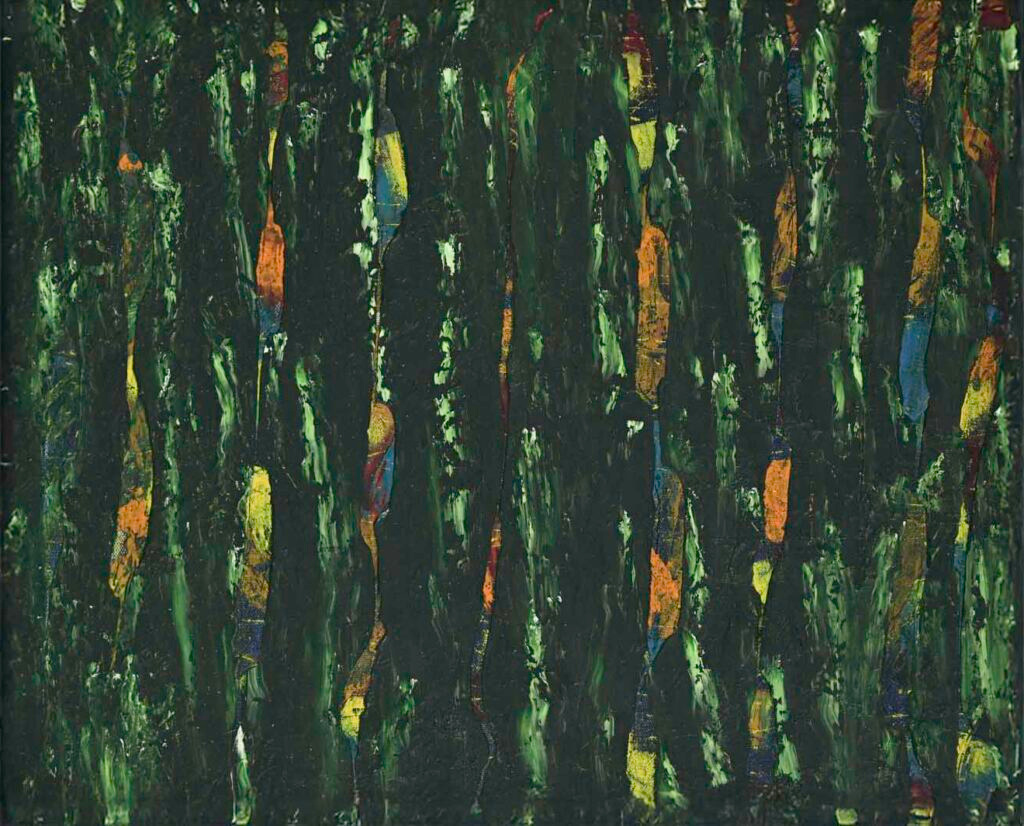 over green original abstract painting dark green background orange yellow accents 16x20 inches by Hadi Baradaran ArtQuestor