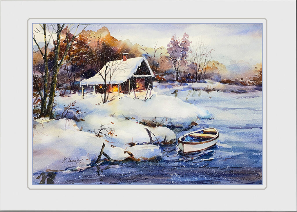 river in winter original landscape painting snow covered cottage frozen river bare trees by Koorosh Jamalpur ArtQuestor