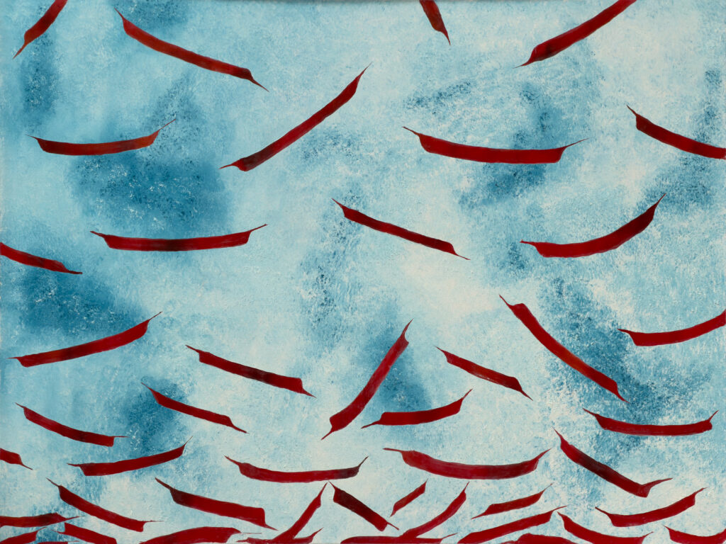 falling leaves original contemporary painting red on blue 36x48 inches by Hadi Baradaran ArtQuestor