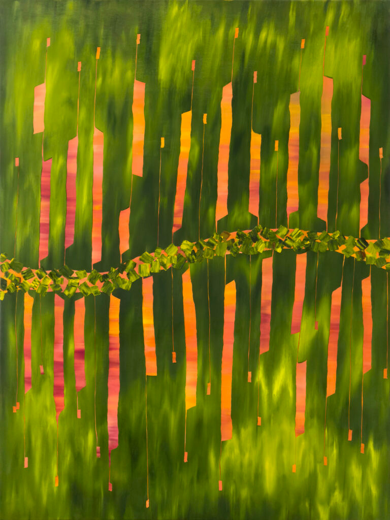 green interval original painting orange pink reeds dark green background 36x48 inches by Hadi Baradaran ArtQuestor