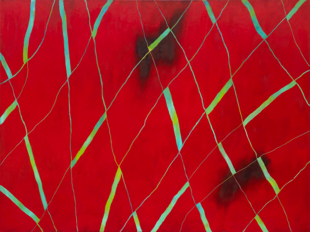 intersections original contemporary painting green lines on red background 36x48 inches by Hadi Baradaran ArtQuestor