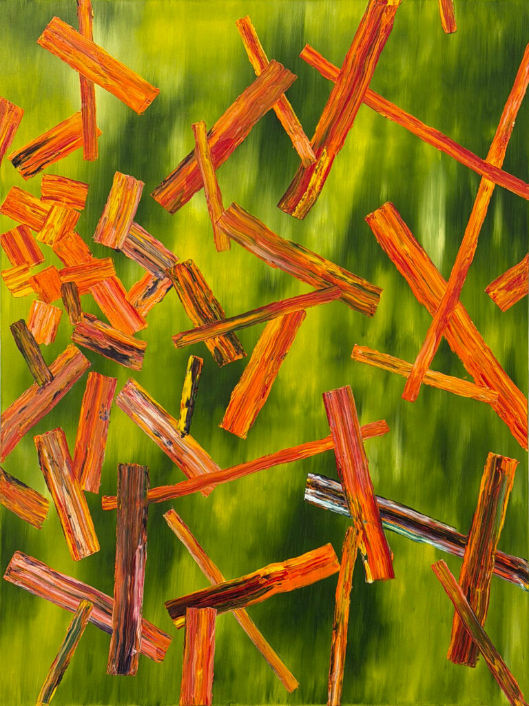 tender chaos original painting orange red grass green background 36x48 inches by Hadi Baradaran ArtQuestor
